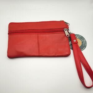 Red Leather Wristlet Clutch Pouch Zip Top Minimalist Soft Simple NWT Small
